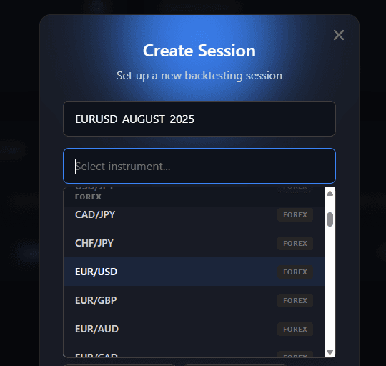 Instrument selector showing Forex pairs, Futures, and Stocks